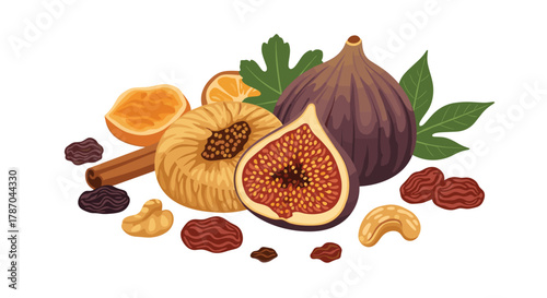 A delightful arrangement of dried fruits, nuts, and spices featuring figs, cashews, raisins, and cinnamon sticks.