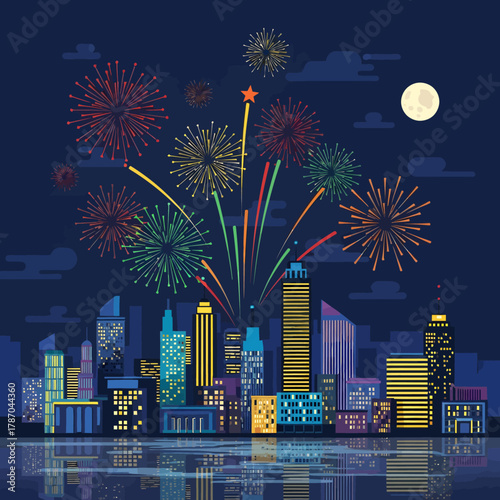 A vibrant city skyline at night with colorful fireworks exploding above the buildings and a full moon in the sky, reflected in the water.