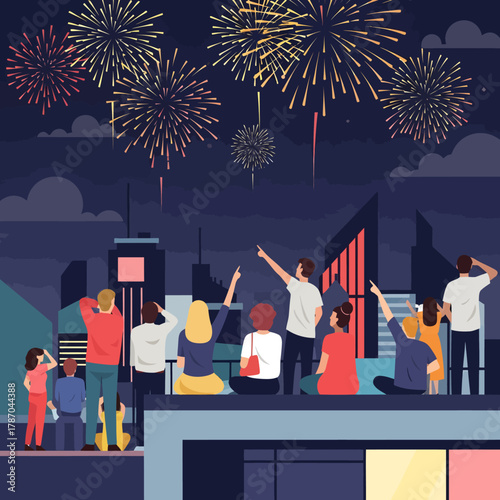 People on a rooftop watching a vibrant fireworks display over a city skyline at night.