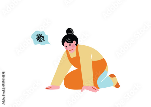 膝をついてショックを受けるエプロンを着た女性のイラスト