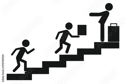 Silhouette people ascending stairs with box and briefcase shows upward success journey