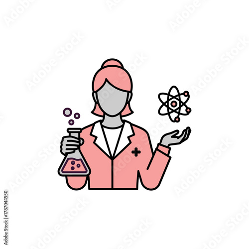 Female scientist holding flask and atom model in laboratory performing research with focus on scientific discovery and innovation.