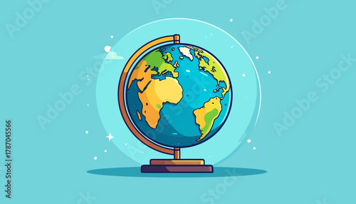Cartoon globe illustration with continents and oceans on a stand against a light blue background.