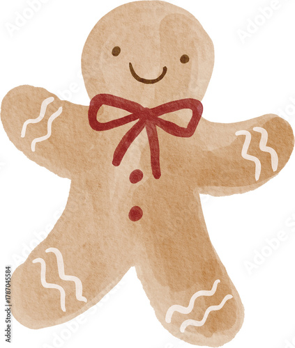 watercolor gingerbread man with red bow clip art preview