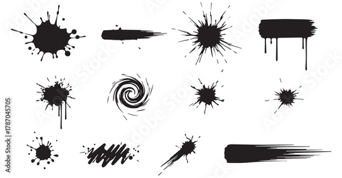 Black paint blots collection of vector icons. Cartoon paint splatters and ink splashes