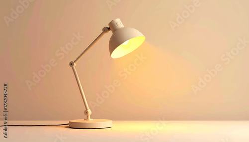 Illuminated desk lamp on a table, casting a warm glow in a room.