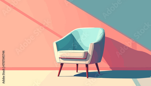 Illustration of a light blue armchair against a pink and blue wall.