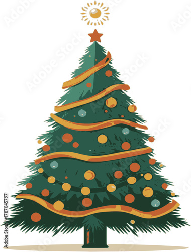 Festive Evergreen Tree Adorned with Ornaments and Garland, Topped with a Radiant Star