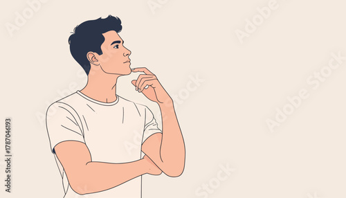 Illustration of a man in a white t-shirt, looking thoughtful with his hand on his chin.