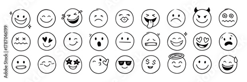 Face emoji icon set. Hand drawn doodle sketch style happy, angry, sad mood face emoticon background. Funny cartoon characters smile, wink, kiss emoji. Cute circle emotion element. Vector illustration
