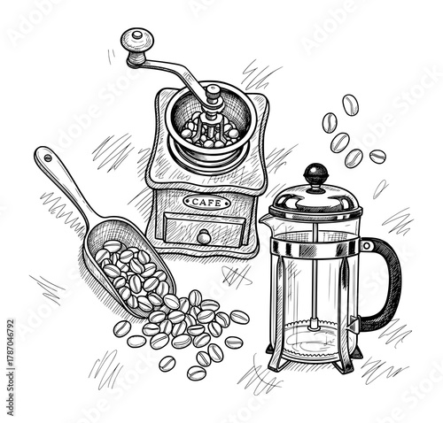 Vintage Coffee Grinder and French Press in Engraving Style. Vector Illustration for Slow Living Concept.