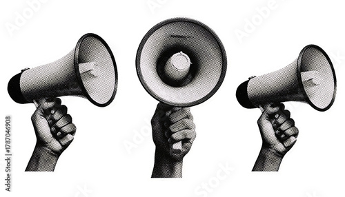 Three hands holding vintage megaphones in a row against a black background conveying a message of protest and communication