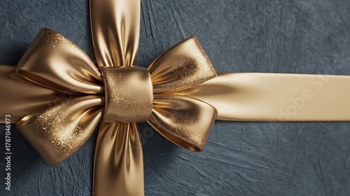 Close Up Shot of Golden Ribbon Bow on a Dark Textured Background with Golden Glitter
