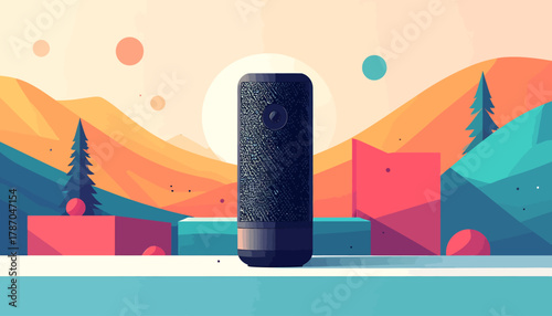 Stylized illustration of a smart speaker in a colorful landscape setting.