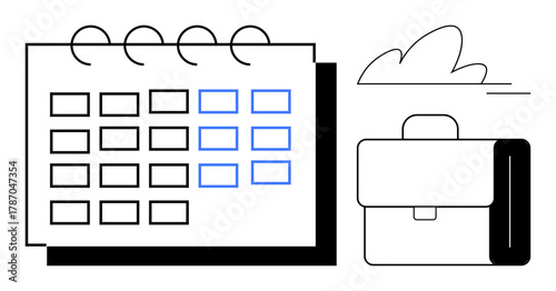 Calendar with organized days, a briefcase symbolizing work, and a minimalist cloud. Ideal for time management, organization, productivity, scheduling, career planning, professional goals simple flat
