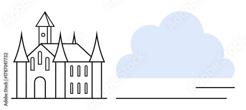 Dreamy castle with towers, paired with a soft blue cloud. Ideal for storytelling, childhood, dreams, magic, simplicity, fantasy, imagination in a simple flat metaphor