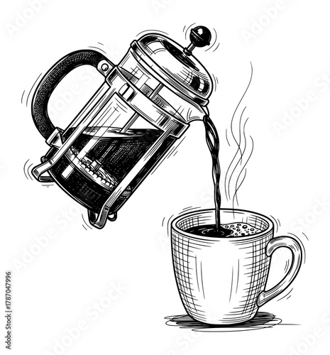 French Press Pouring Coffee in Vintage Line Art. Vector Illustration for Slow Living and Morning Rituals.