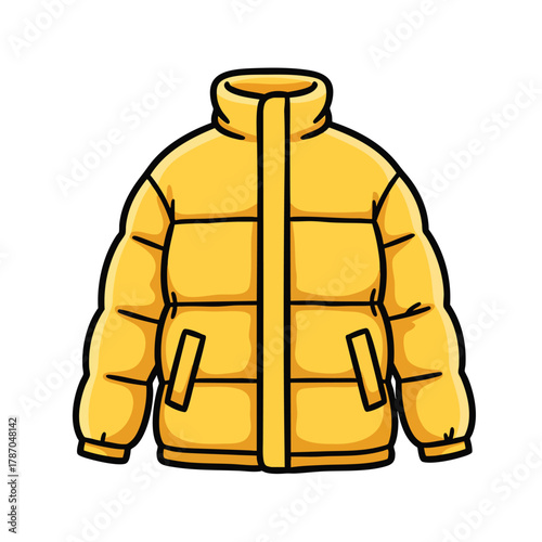 A bright yellow cartoon puffer jacket with a high collar and black outlines.