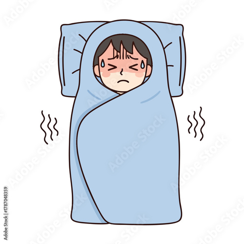 A cartoon person with a fever shivering with chills and sweating while tightly wrapped in a light blue blanket in bed.