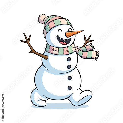 A cheerful cartoon snowman wearing a striped hat and scarf walking happily with a wide joyful smile.
