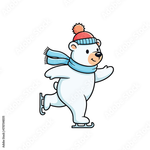 A cheerful cartoon polar bear ice skating with a red pompom hat and a light blue scarf.