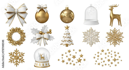 Collection of festive christmas ornaments and decorations including bows snowflakes reindeer and a snow globe on a black background