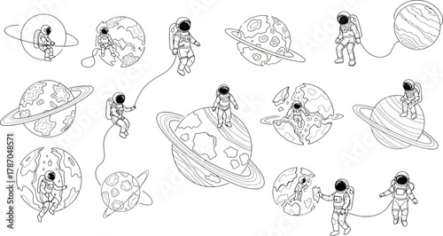 Abstract Linear Sketches of Tiny Astronauts Exploring Fragmented Planets with Bold Intertwining Lines Illustration