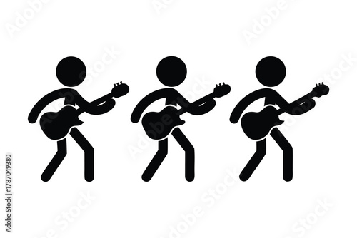 Three black stick figures are playing electric guitars with a transparent background