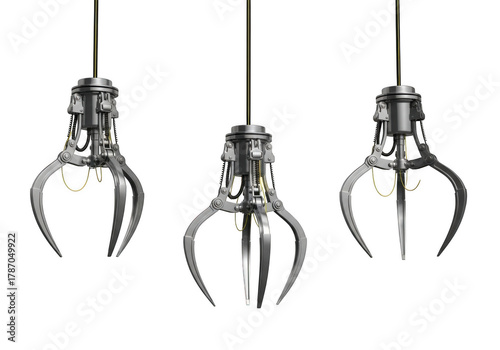 Three industrial claw machine grabber arms, isolated on transparent background
