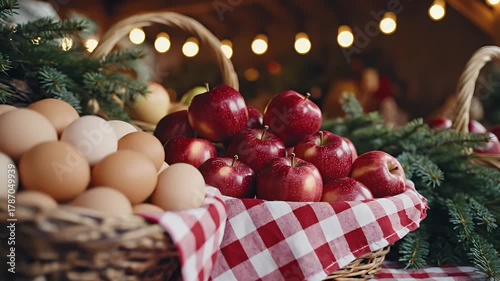 Close View of Baskets Displaying Apples Eggs and Evergreen Branches on Checkered Cloth under Warm Lighting