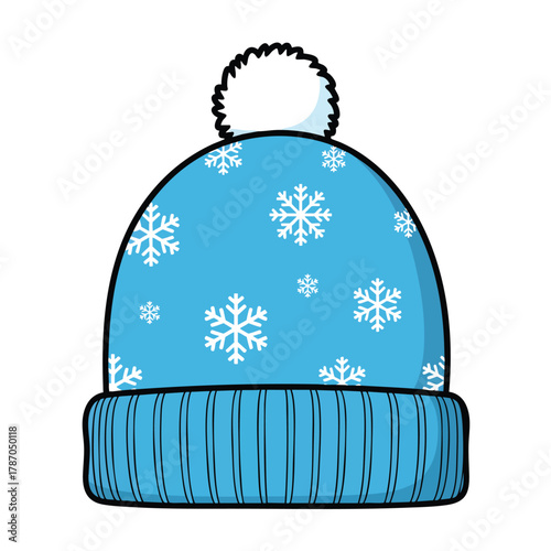 Blue cartoon winter beanie hat with white snowflakes and a fluffy pompom.
