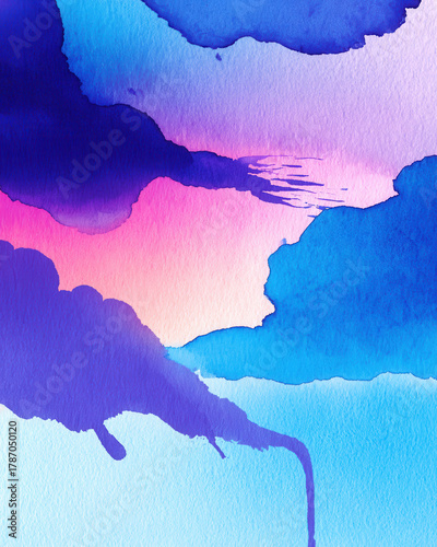Vibrant watercolor painting with abstract blue and pink clouds blending seamlessly, creating serene and dreamy atmosphere. fluid brushstrokes and gradient hues evoke sense of calm and creativity