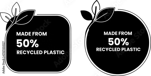 made from 50% recycled plastic label and sticker set with leaves, symbolizing sustainability, eco-friendly production, and circular economy