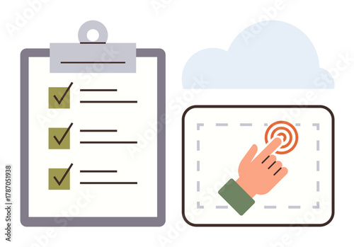 Clipboard with checklist and digital touch gesture icon, representing task organization, productivity, technology, automation, planning, digital tools, and efficiency in a simple flat metaphor
