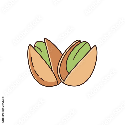 Two pistachios sit sidebyside, showcasing their green kernels and tan shells on a white surface, evoking a sense of healthy snacking and natural goodness.