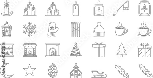 Collection of winter and Christmas line art icons in a hand-drawn style