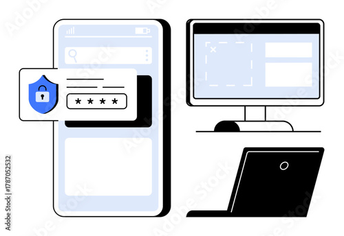 Smartphone login form with shield lock icon, desktop display, and laptop. Ideal for cybersecurity, data protection, gadget security, online privacy, access control, IT systems and authentication