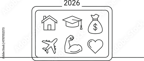 Goals for 2026 icons, featuring house, education, money, travel, health, and love