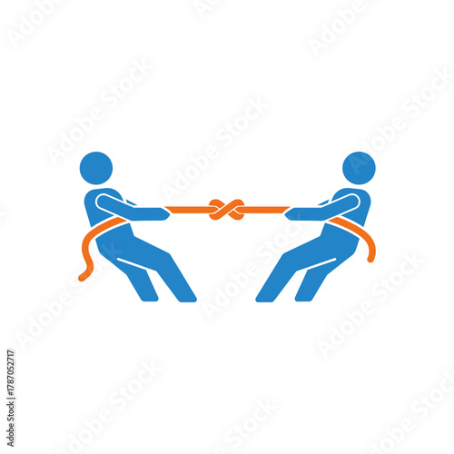 Two stylized figures engage in a tug of war, pulling a rope tied in a knot, symbolizing competition and struggle on a clean, white backdrop.