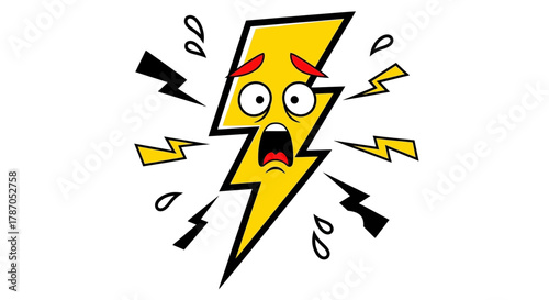 Scared cartoon lightning bolt with shocked expression and open mouth