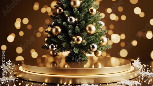 Festive Christmas Tree Decoration with Golden and Silver Ornaments on a Golden Podium with Bokeh Lights