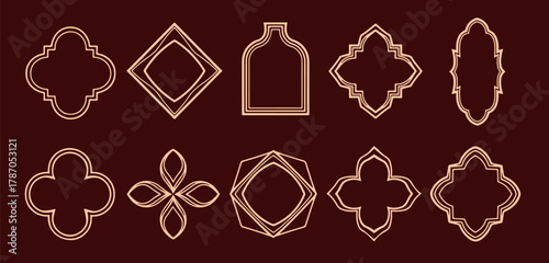 islamic, moorish, and arabesque window frames and decorative outline set with quatrefoil, geometric, and ornamental shapes in gold line