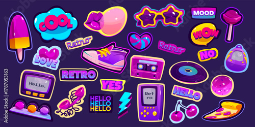 Cartoon retro stickers in 90s style