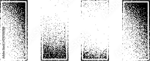 black and white grunge halftone texture fade set, featuring dotted grain, noise, and gradient screen effects for abstract background design