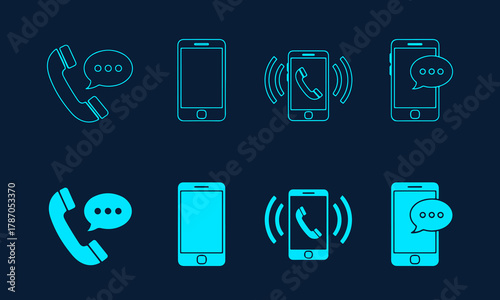 phone call and communication icon set with telephone receiver, smartphone, ringing notification, and speech bubble symbols