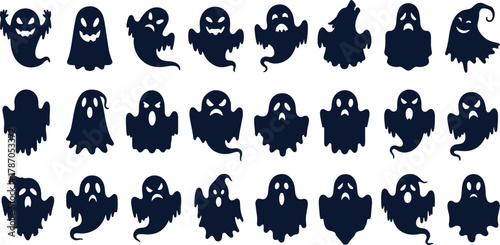 large spooky ghost silhouette collection set for halloween decoration, featuring various scary, funny, and frightening facial expressions