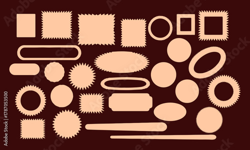large collection of vintage stamp and label shapes set with perforated edges, circles, ovals, and rectangles for decorative frames