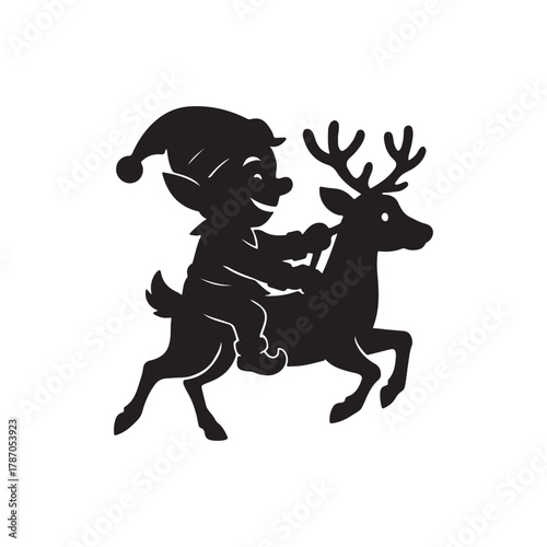 Charming illustration of a cheerful elfin figure riding a graceful stag, evoking a magical holiday spirit and festive joy, ideal for seasonal designs