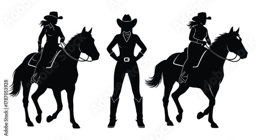 Cowgirl silhouettes riding horses, strong woman rancher standing proud