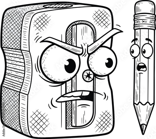 Pencil Sharpener Squinting at Pencil with Comic Expression in Quirky Cross-Hatch Vector Ink Illustration